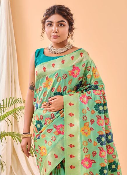 Mint Green Weaving Festive-Wear Pure Paithani Silk Saree