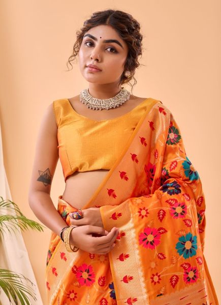 Orange Weaving Festive-Wear Pure Paithani Silk Saree