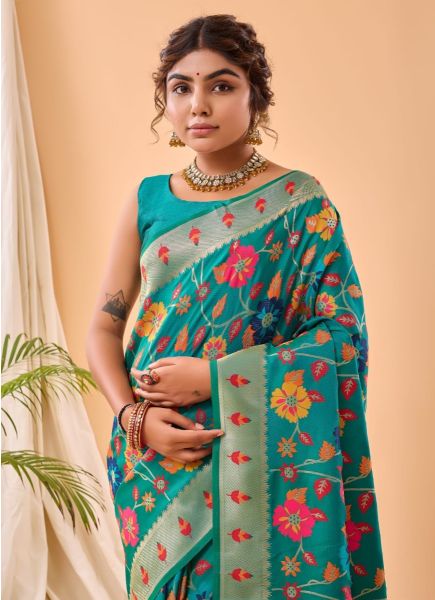 Teal Blue Weaving Festive-Wear Pure Paithani Silk Saree
