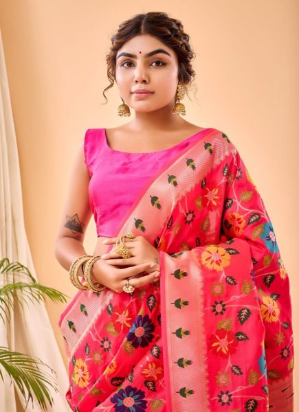 Pink Red Weaving Festive-Wear Pure Paithani Silk Saree