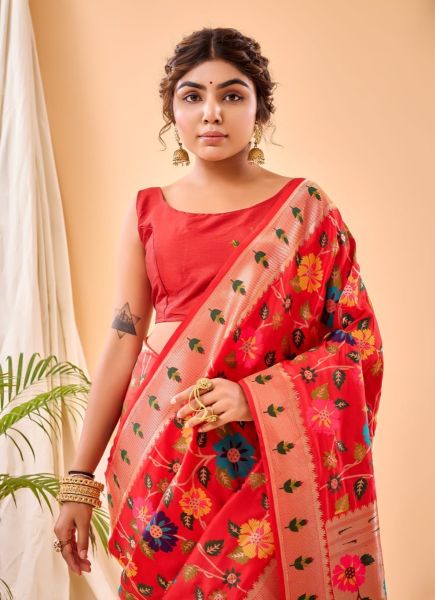 Red Weaving Festive-Wear Pure Paithani Silk Saree