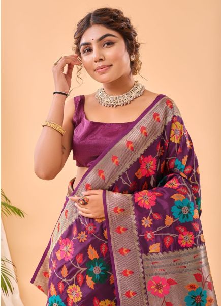Purple Weaving Festive-Wear Pure Paithani Silk Saree