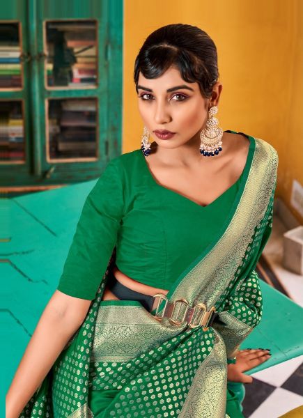 Green Banarasi Woven Silk Party-Wear Saree