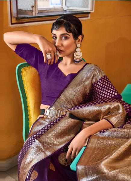 Violet Banarasi Woven Silk Party-Wear Saree