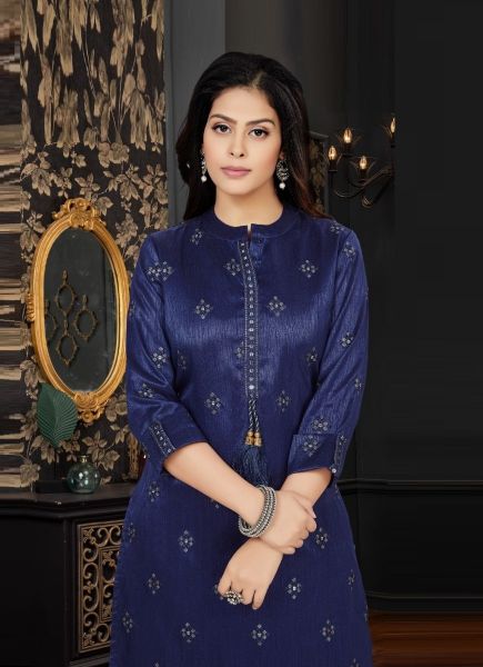 Blue Silk Mirror-Work Party-Wear Readymade Kurti With Pant