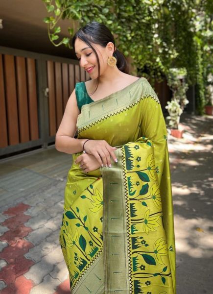 Olive Green Banarasi Silk Weaving Festive-Wear Saree