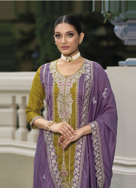 Yellow Brown & Mauve Premium Silk Embroidered Festive-Wear Pant-Bottom Readymade Salwar Kameez