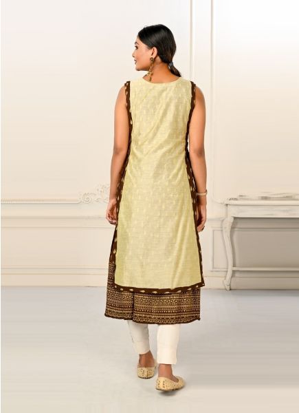 Light Pista Green & Brown Cotton Printed Party-Wear Readymade Anarkali Kurti [With Chanderi Shrug