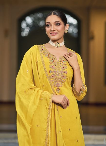 Yellow Roman Silk Embroidered Sharara-Bottom Readymade Salwar Kameez For Traditional / Religious Occasions
