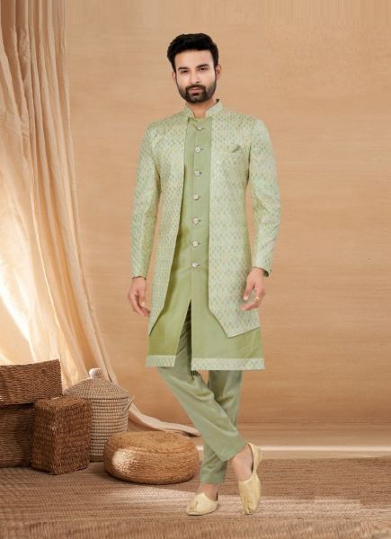 LIght Olive Green Art Silk Weaving Wedding-Wear Kurta, Pyjama With Jacket