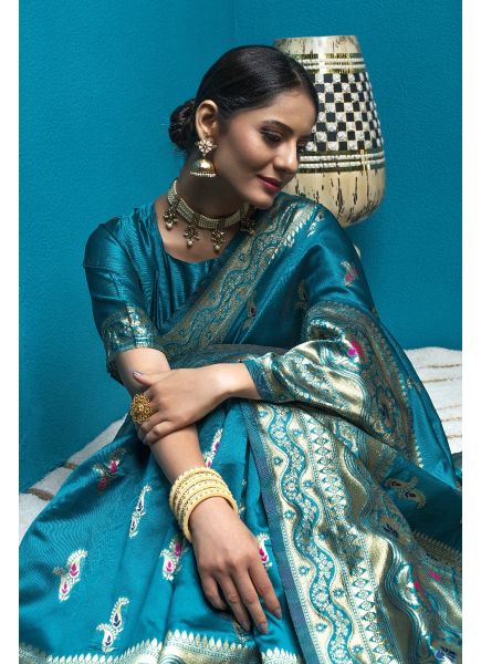 Sea Blue Silk Handloom Woven Festive-Wear Saree