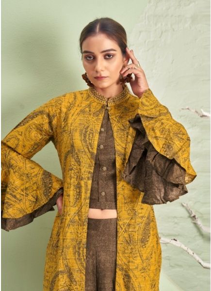 Mustard Yellow & Light Brown Rayon Printed Party-Wear Top & Bottom With Jacket
