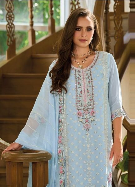 Light Sky Blue Soft Organza Embroidered Ramadan Special Pakistani Readymade Salwar Kameez