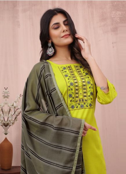 Lemon Green Cotton Slub Embroidered Summer-Wear Pant-Bottom Readymade Salwar Kameez