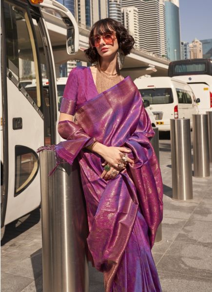 Purple Woven Silk Handloom Saree For Traditional / Religious Occasions