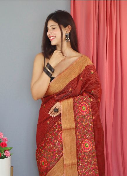 Red Linen-Cotton Thread-Work Festive-Wear Saree