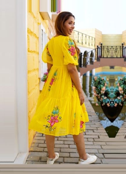 Yellow Kota Checks Digitally Printed Resort-Wear Readymade Anarkali Kurti