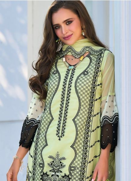 Light Sage Green Soft Organza Thread-Work Festive-Wear Pakistani Readymade Salwar Kameez