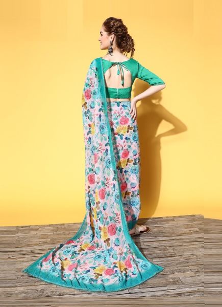 Aqua Georgette Digitally Printed Carnival Saree For Kitty Parties