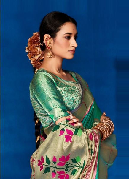 Teal Green Soft Paithani Silk Weaving Festive-Wear Saree