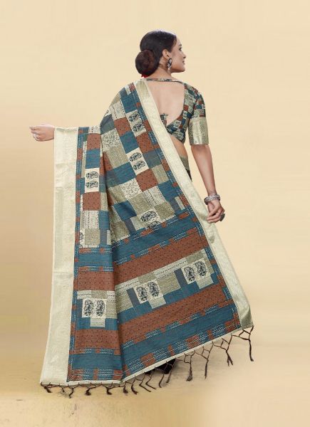 Blue & Brown Cotton Saree With Jacquard Checks Weaving