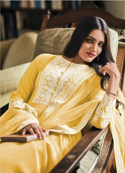 Light Mustard Yellow Georgette Thread-Work Party-Wear Readymade Palazzo-Bottom Salwar Kameez