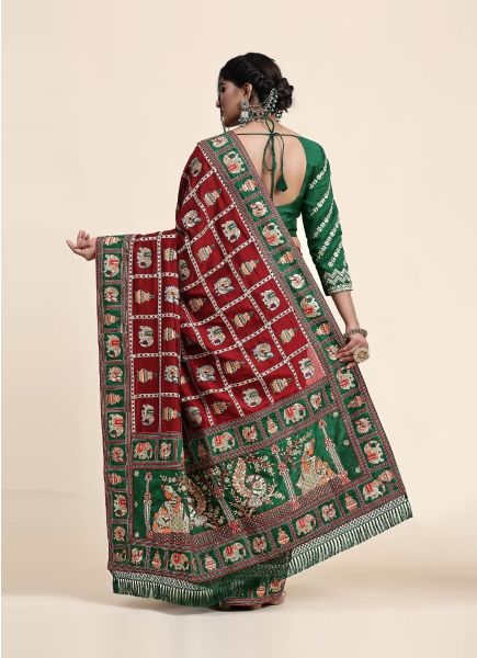 Maroon & Green Vichitra Silk Weaving Festive-Wear Panetar Saree