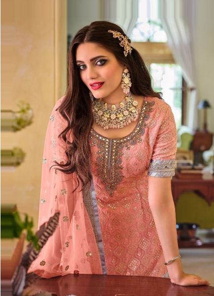 Pink Georgette Embroidered Party-Wear Gharara-Bottom Readymade Salwar Kameez