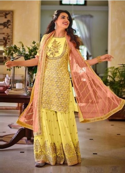 Yellow Georgette Embroidered Party-Wear Gharara-Bottom Readymade Salwar Kameez