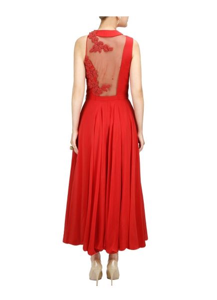 Red Georgette Hand Work & Embroidery Festive-Wear Floor-Length Gown