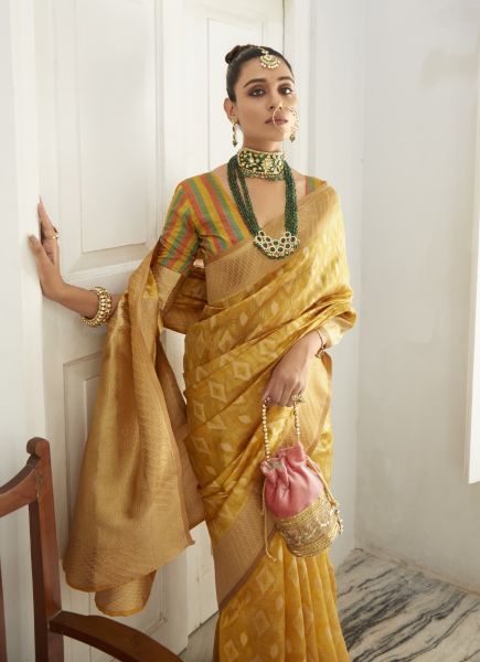 Yellow Organza Soft Silk Woven Saree For Traditional / Religious Occasions