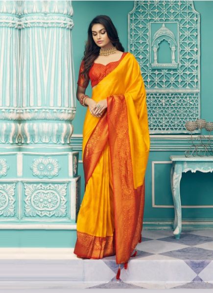 Orange Soft Silk Weaving Festive-Wear Pattu Saree (Temple-Border)