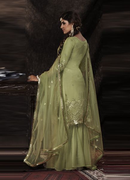 Light Olive Green Net Sequins-Work Ramadan Special Gharara-Bottom Salwar Kameez