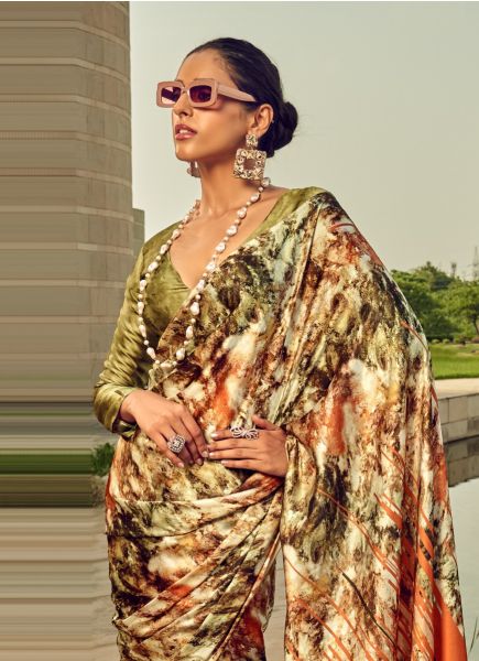 Olive Green Satin Silk Floral Digitally Printed Saree For Kitty Parties