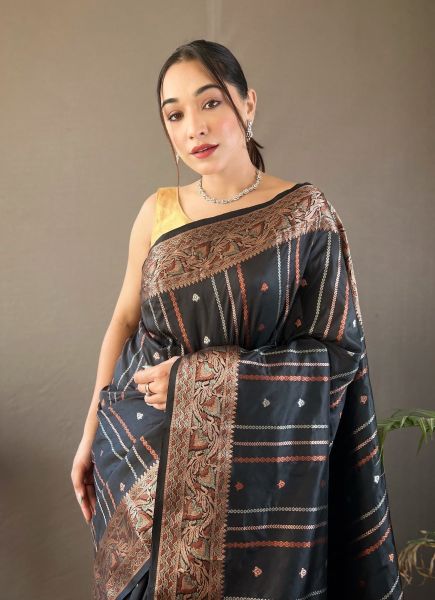 Black Woven Silk Jacquard Saree For Traditional / Religious Occasions