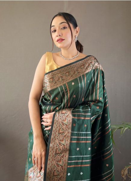 Dark Green Woven Silk Jacquard Saree For Traditional / Religious Occasions