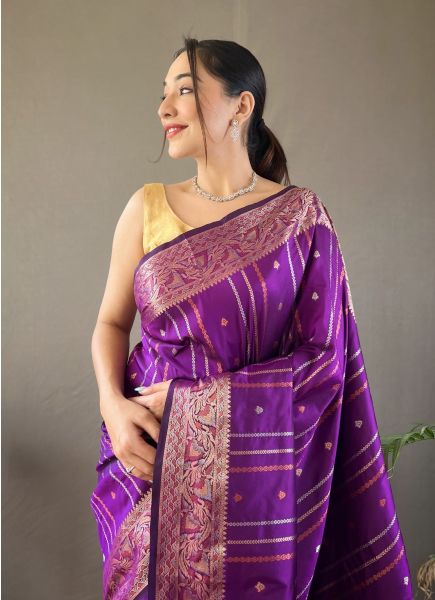 Purple Woven Silk Jacquard Saree For Traditional / Religious Occasions