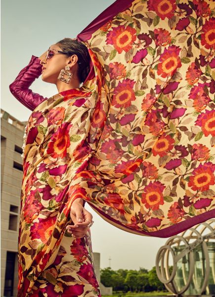 Multicolor Satin Silk Floral Digitally Printed Saree For Kitty Parties