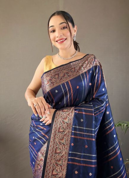 Navy Blue Woven Silk Jacquard Saree For Traditional / Religious Occasions