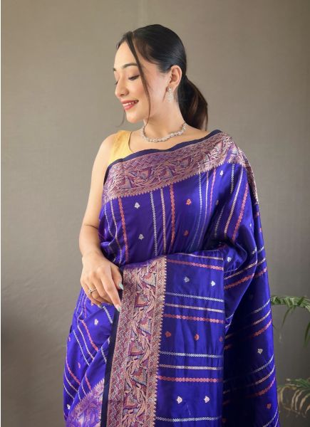 Royal Blue Woven Silk Jacquard Saree For Traditional / Religious Occasions