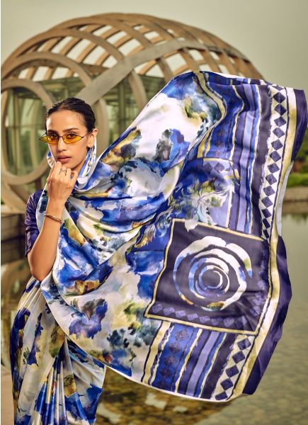 White & Blue Satin Silk Floral Digitally Printed Saree For Kitty Parties