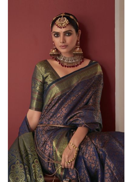Dark Navy Blue Kanjivaram Silk With Copper Zari Weaving Saree For Evening Parties