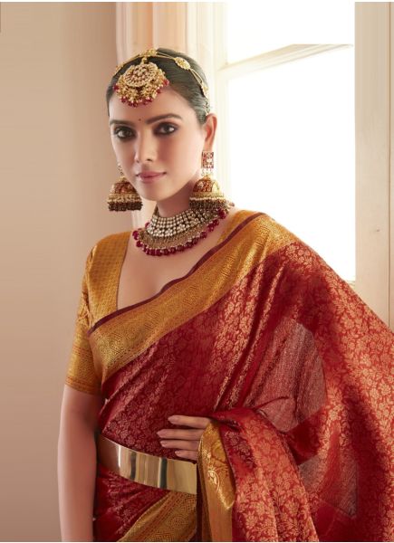 Maroon Kanjivaram Silk With Copper Zari Weaving Saree For Evening Parties