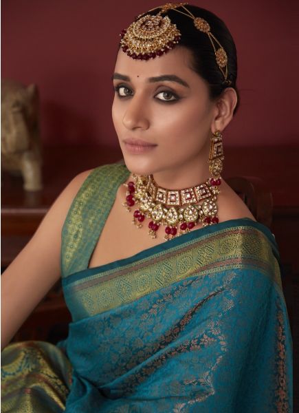 Teal Blue Kanjivaram Silk With Copper Zari Weaving Saree For Evening Parties