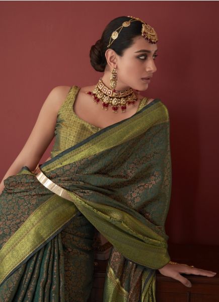 Green Kanjivaram Silk With Copper Zari Weaving Saree For Evening Parties
