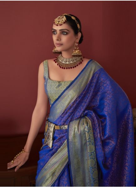Violet Blue Kanjivaram Silk With Copper Zari Weaving Saree For Evening Parties