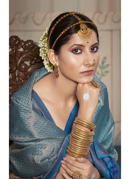 Sky Blue Pure Kanjivaram Silk Weaving Party-Wear Saree