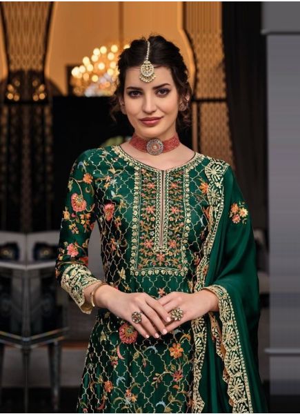 Green Silk Thread-Work Party-Wear Palazzo-Bottom Readymade Salwar Kameez