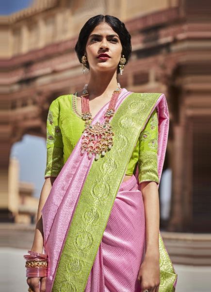 Pink Silk Weaving Wedding-Wear Embroidered Saree