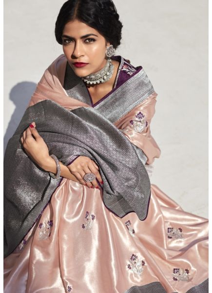 Coral Pink Silk Weaving Wedding-Wear Embroidered Saree